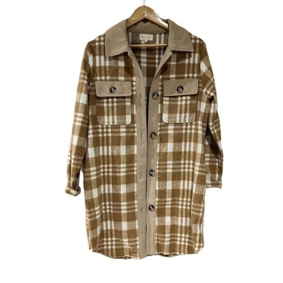 MELLODAY Jackets & Blazers - Plaid Gingham Checkered Shacket Flannel Button Jacket Tan Khaki Dress Size Small